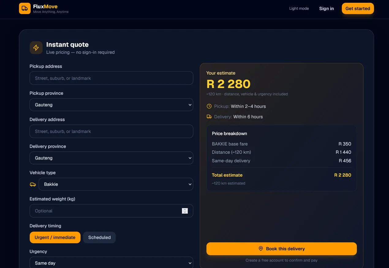 FluxMove instant quotation with vehicle type, distance and ZAR estimate