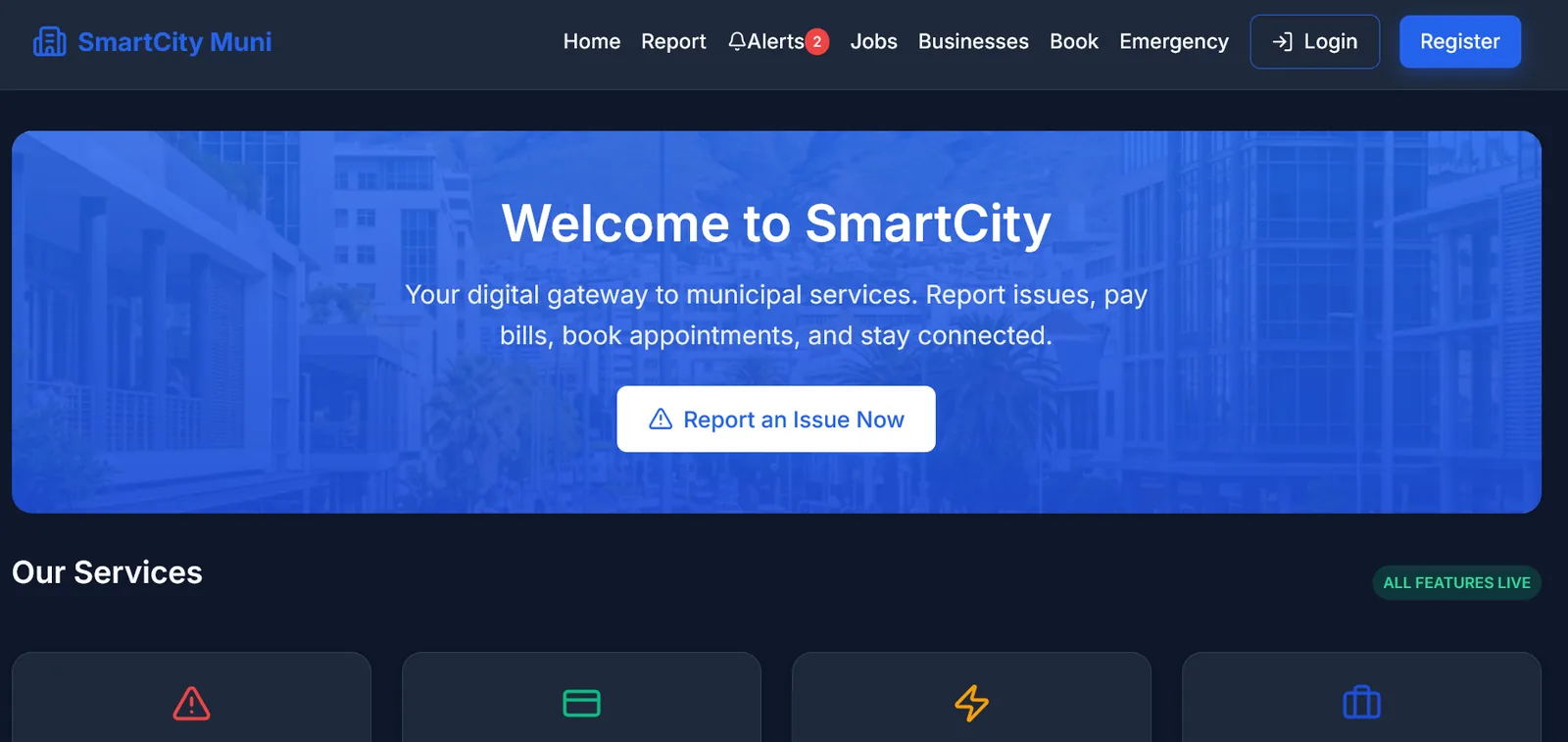 SmartCity Muni citizen homepage with municipal services and alerts