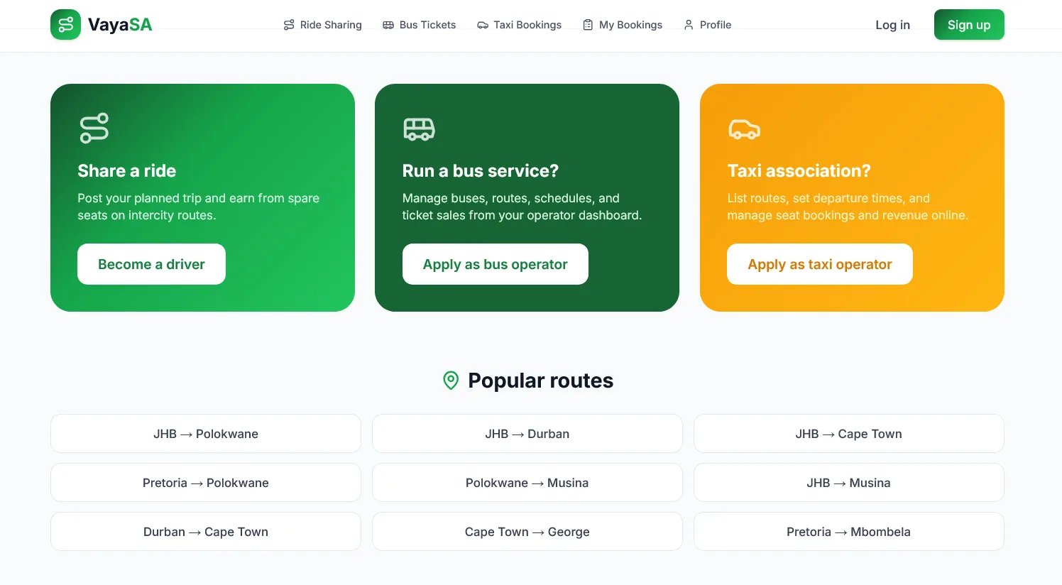 VayaSA operator onboarding and popular intercity routes