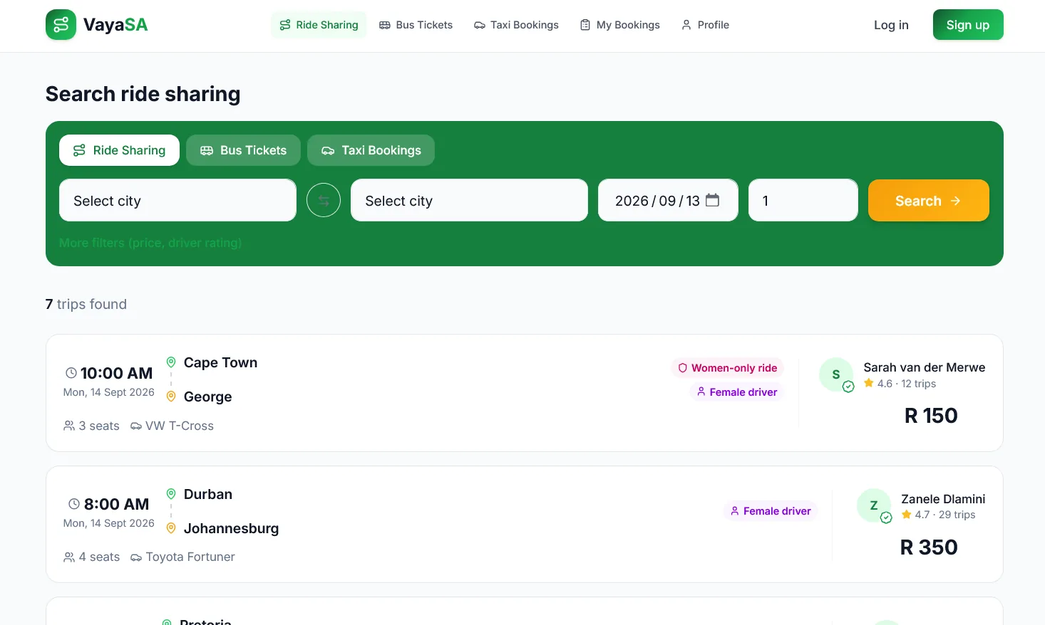 VayaSA search results for ride shares between South African cities