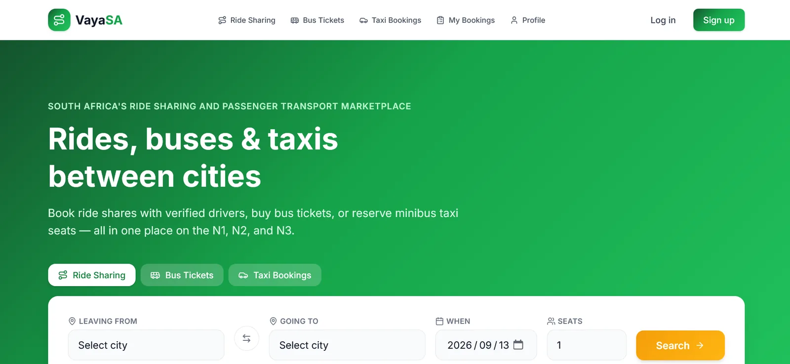 VayaSA homepage for ride sharing, bus tickets and taxi seats